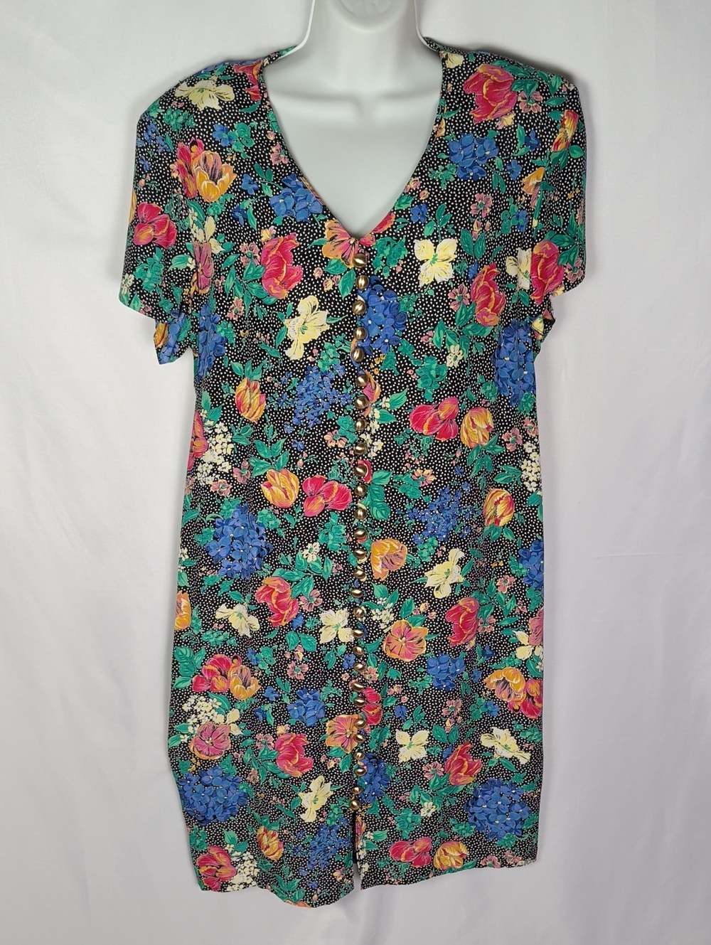 Vintage 80/90's Joseph Ribkoff Creations Floral Polka Dot Dress Gold Buttons L